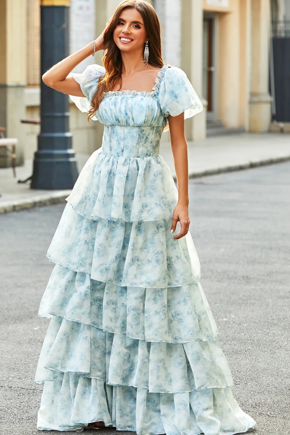 A Line Square Neck Light Blue Tiered Vestido Floral Long Prom com Folhos