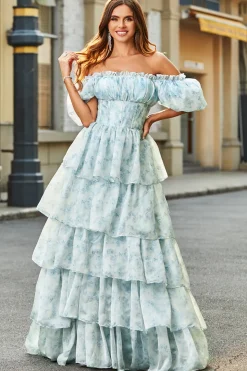 A Line Square Neck Light Blue Tiered Vestido Floral Long Prom com Folhos