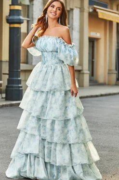 A Line Square Neck Light Blue Tiered Vestido Floral Long Prom com Folhos
