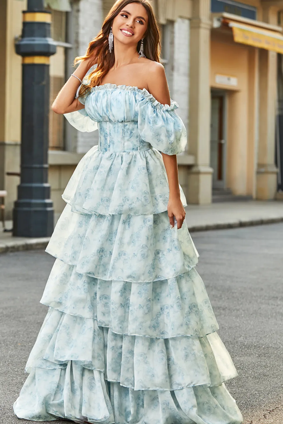 A Line Square Neck Light Blue Tiered Vestido Floral Long Prom com Folhos