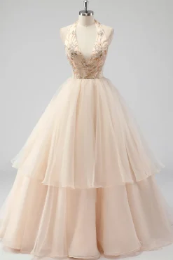 A Line Tiered Champagne Halter Beaded Formal Dress