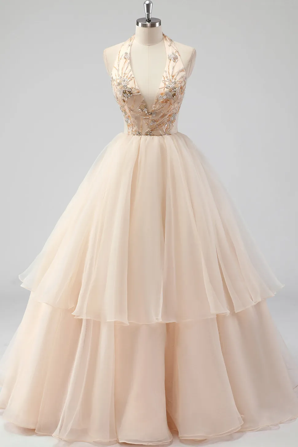 A Line Tiered Champagne Halter Beaded Formal Dress