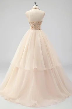 A Line Tiered Champagne Halter Beaded Formal Dress