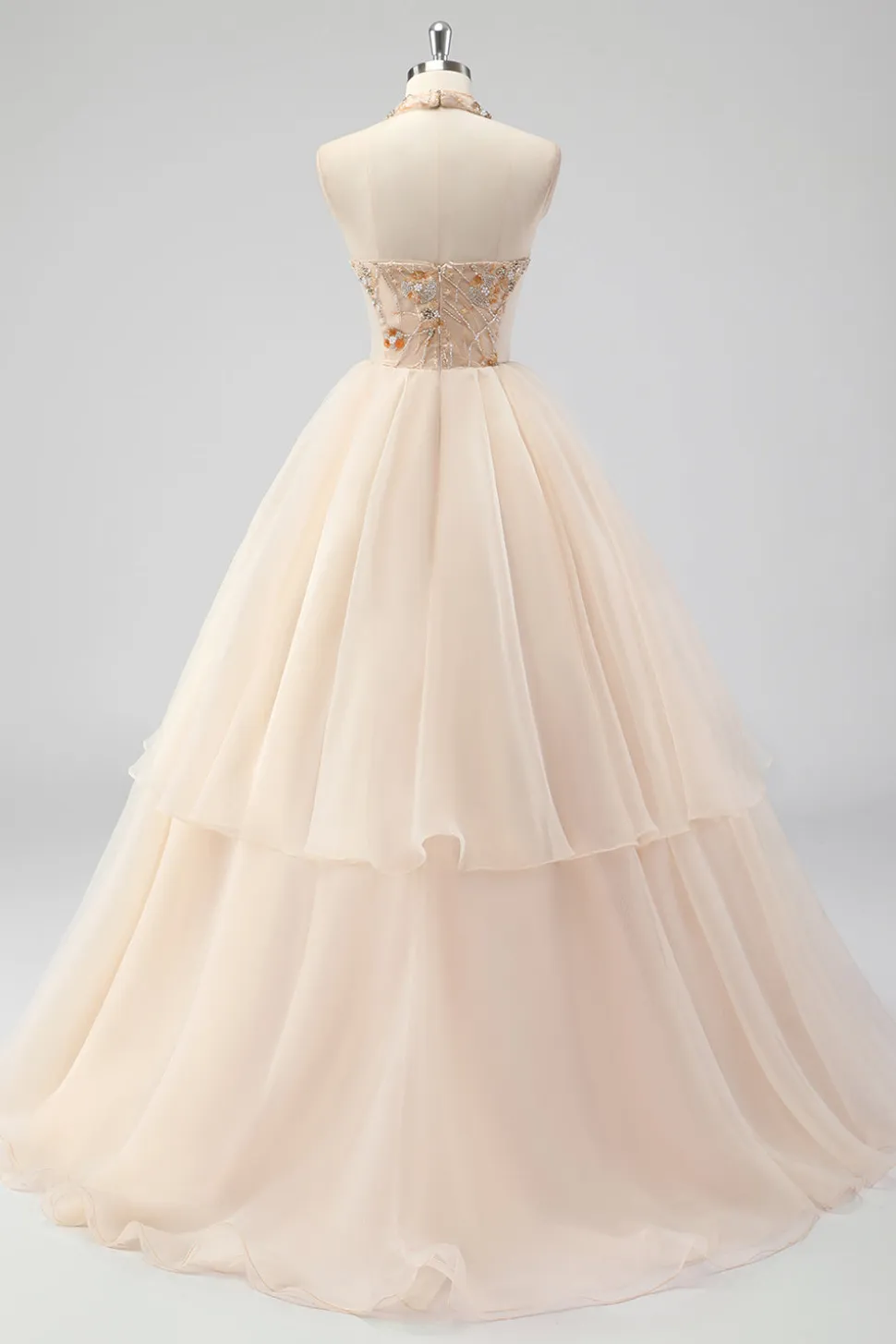 A Line Tiered Champagne Halter Beaded Formal Dress