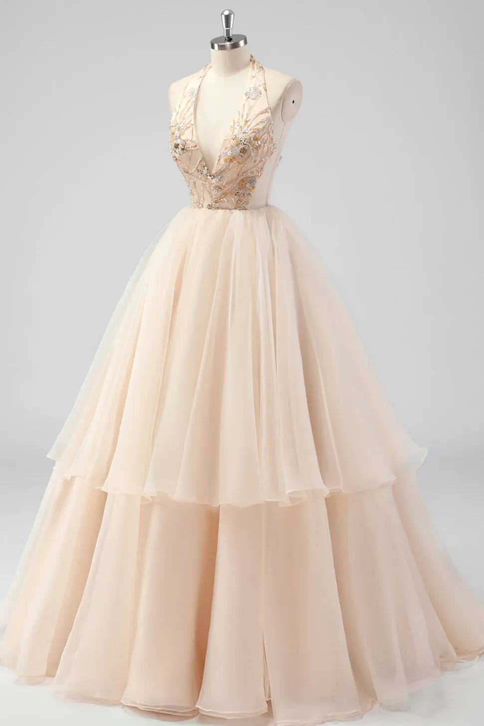 A Line Tiered Champagne Halter Beaded Formal Dress