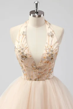 A Line Tiered Champagne Halter Beaded Formal Dress