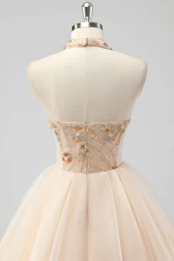 A Line Tiered Champagne Halter Beaded Formal Dress