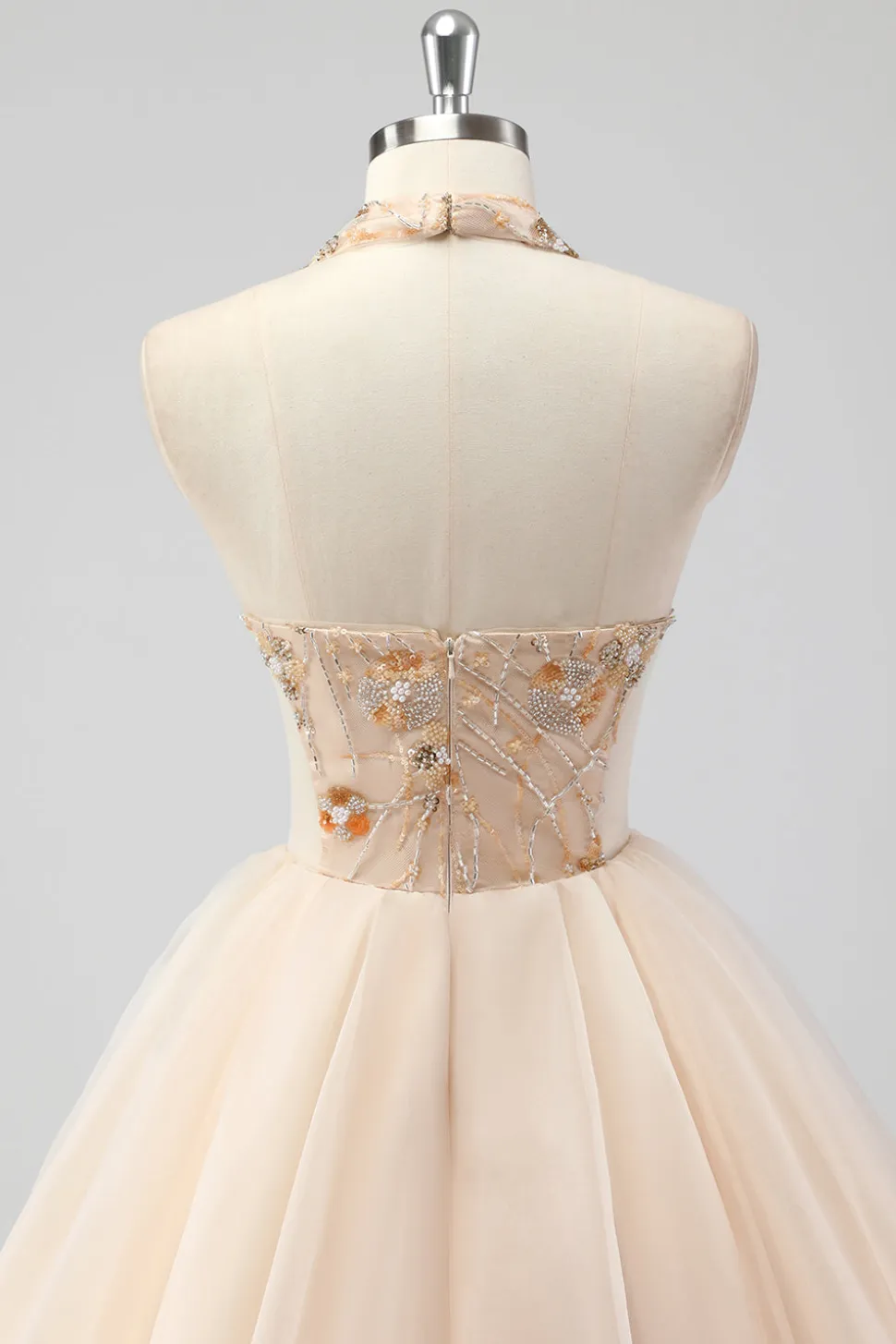 A Line Tiered Champagne Halter Beaded Formal Dress