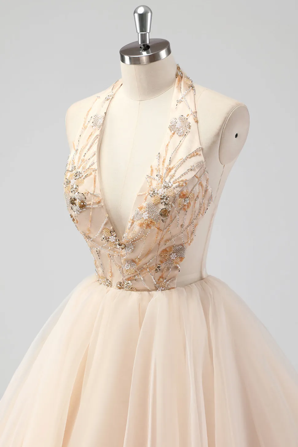A Line Tiered Champagne Halter Beaded Formal Dress