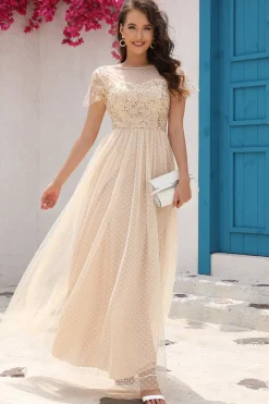 A Line Tule Damasco Vestido de Festa com Apliques