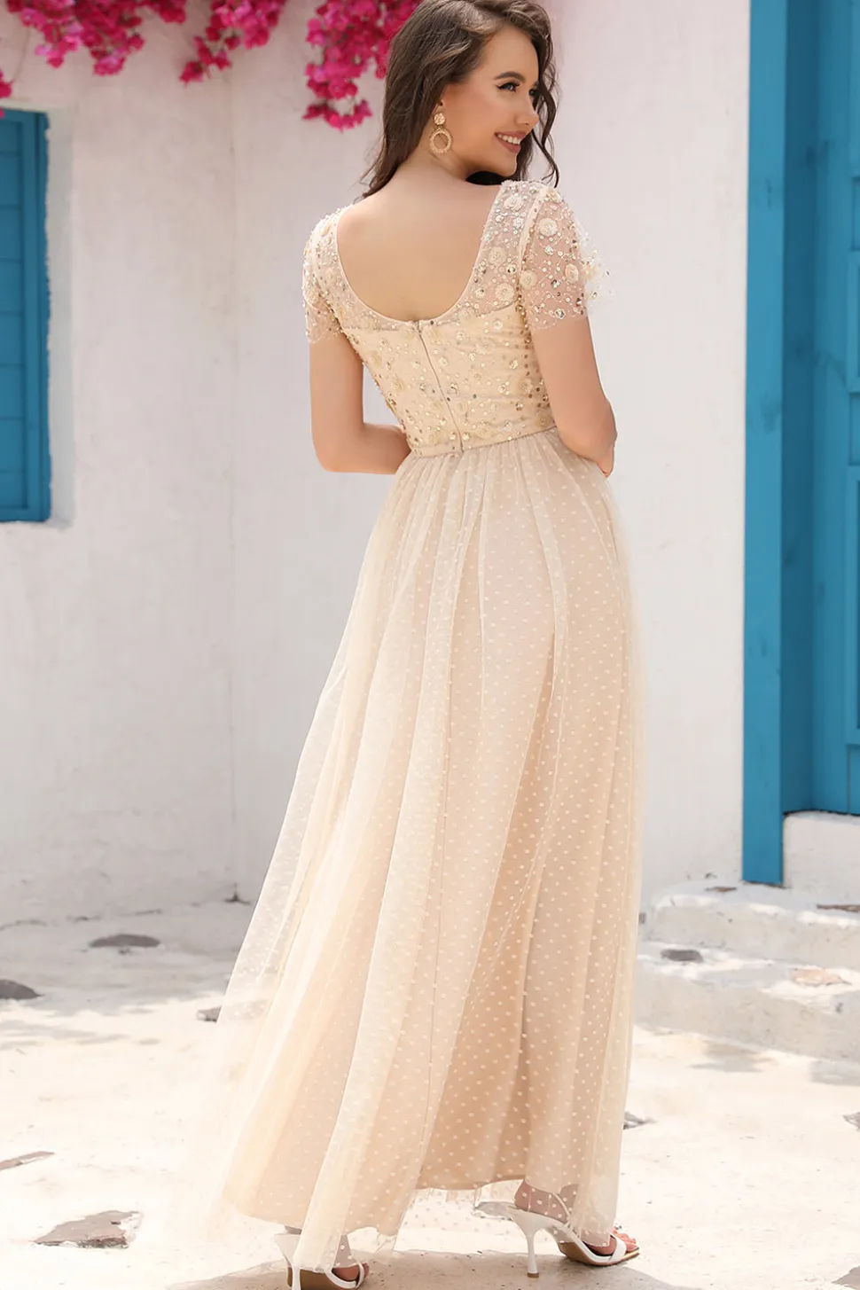 A Line Tule Damasco Vestido de Festa com Apliques