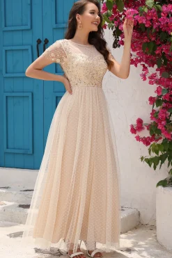 A Line Tule Damasco Vestido de Festa com Apliques