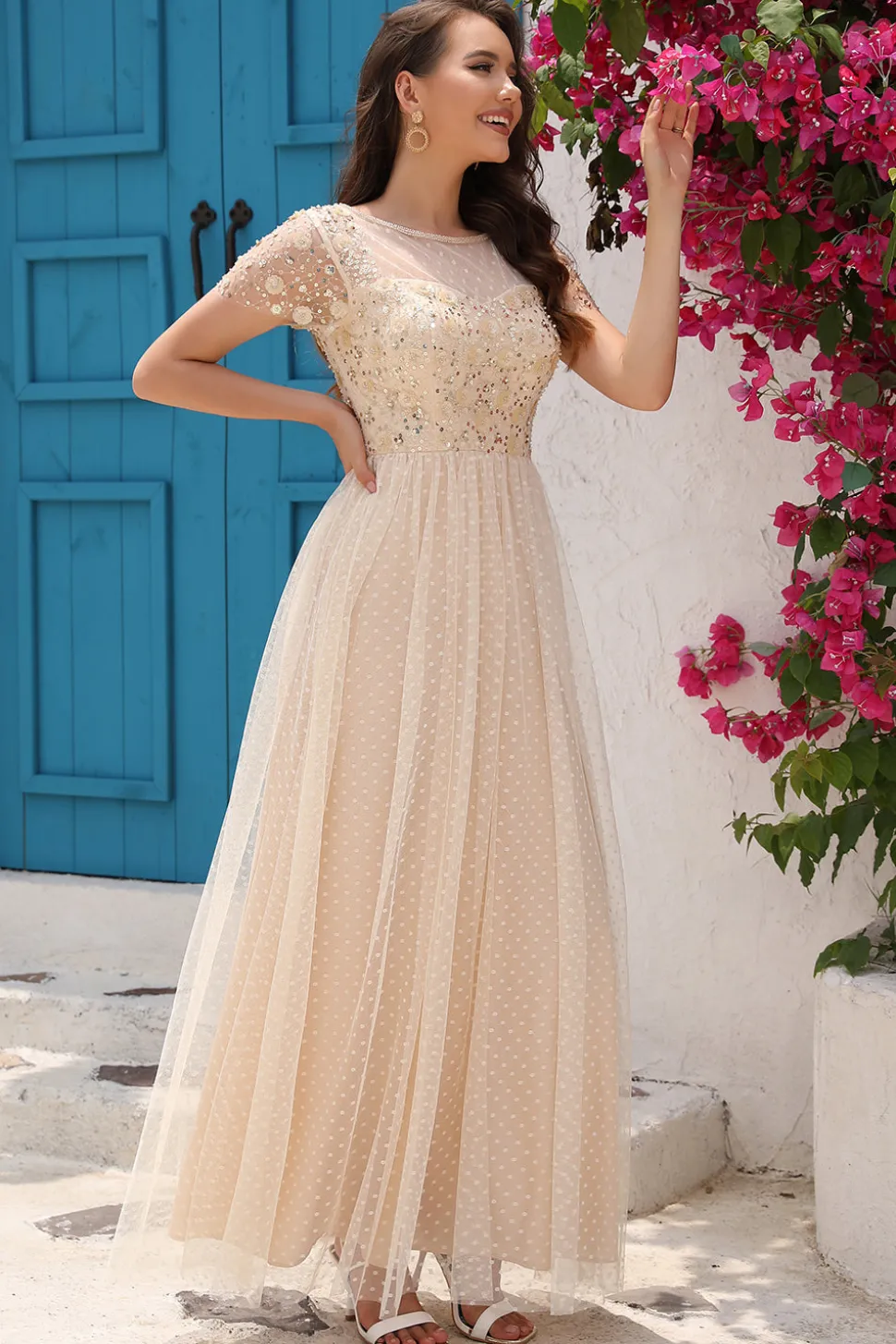 A Line Tule Damasco Vestido de Festa com Apliques