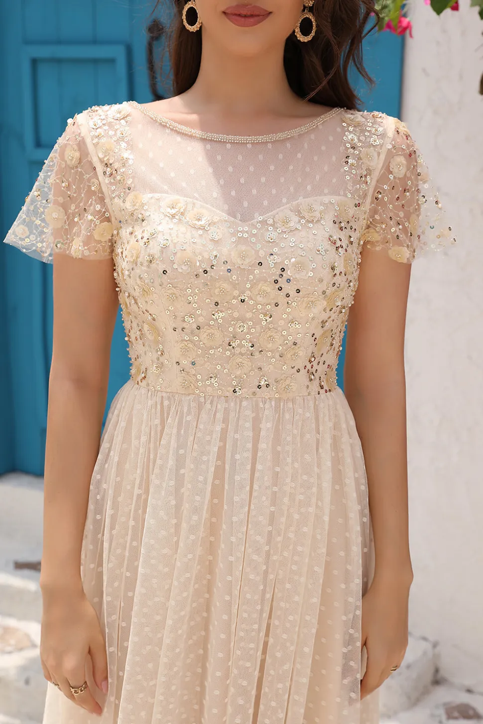 A Line Tule Damasco Vestido de Festa com Apliques
