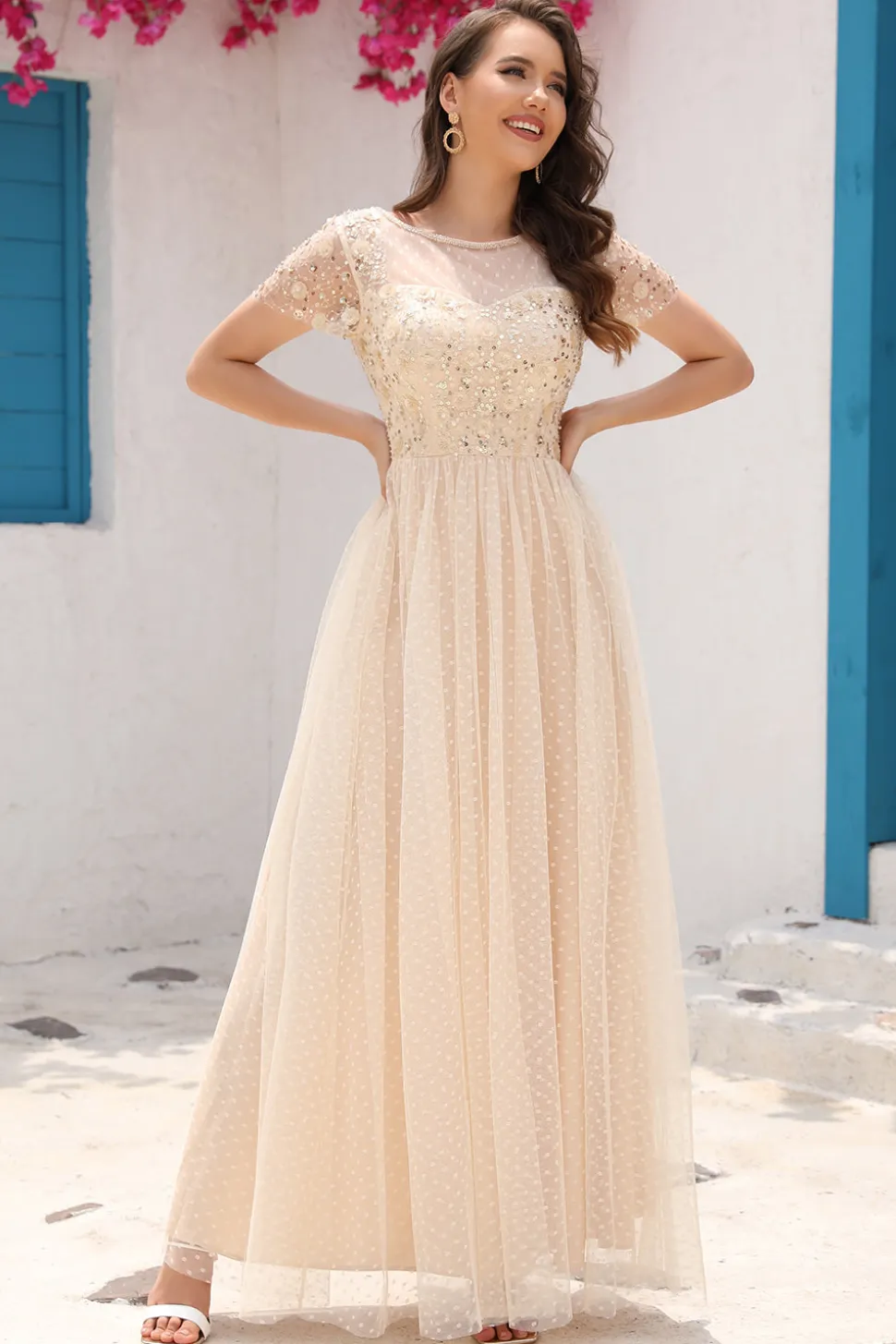 A Line Tule Damasco Vestido de Festa com Apliques