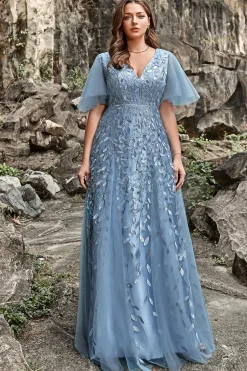 A Line V Pescoço Cinza Azul Vestido Cerimónia