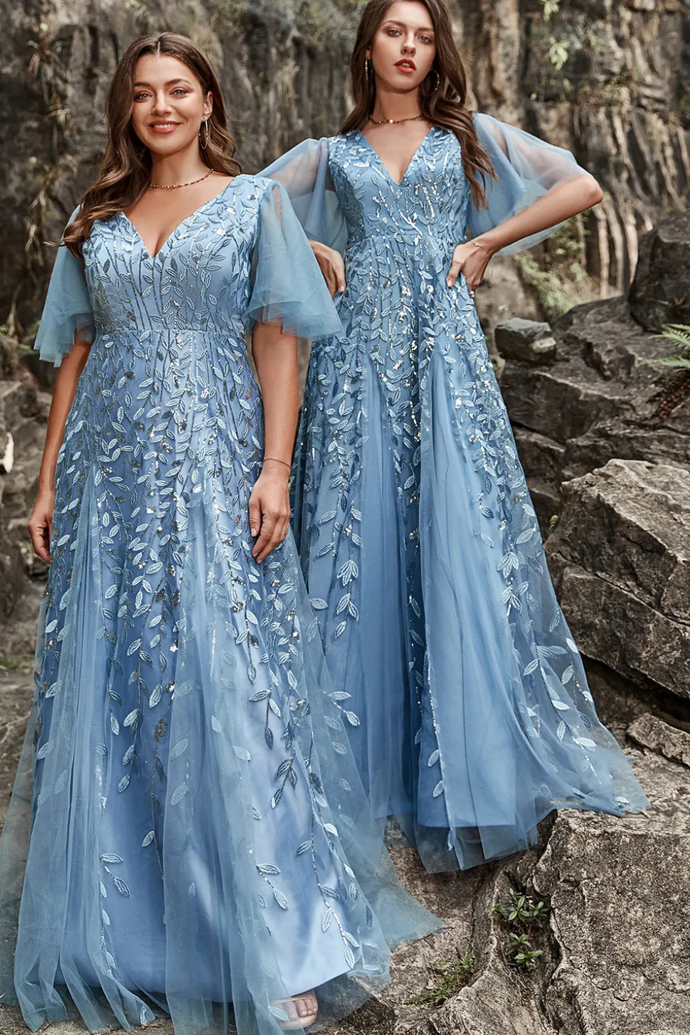 A Line V Pescoço Cinza Azul Vestido Cerimónia