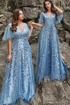 A Line V Pescoço Cinza Azul Vestido Cerimónia