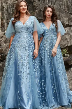 A Line V Pescoço Cinza Azul Vestido Cerimónia