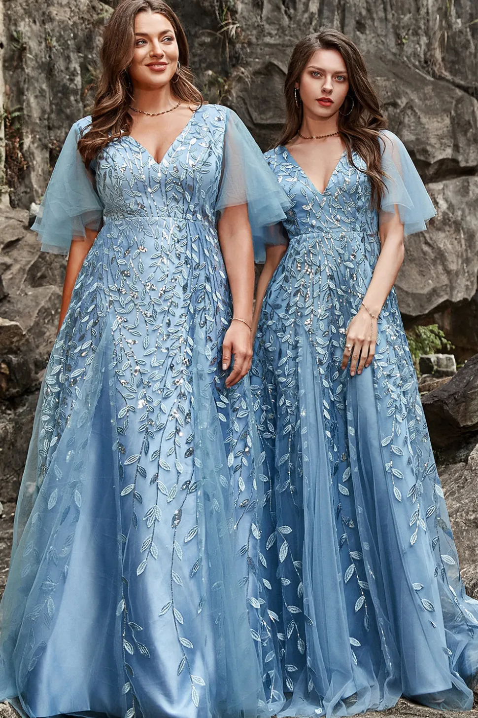 A Line V Pescoço Cinza Azul Vestido Cerimónia
