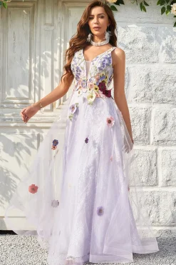A Line V Pescoço Lavanda Vestido de Baile Com Costas Abertas