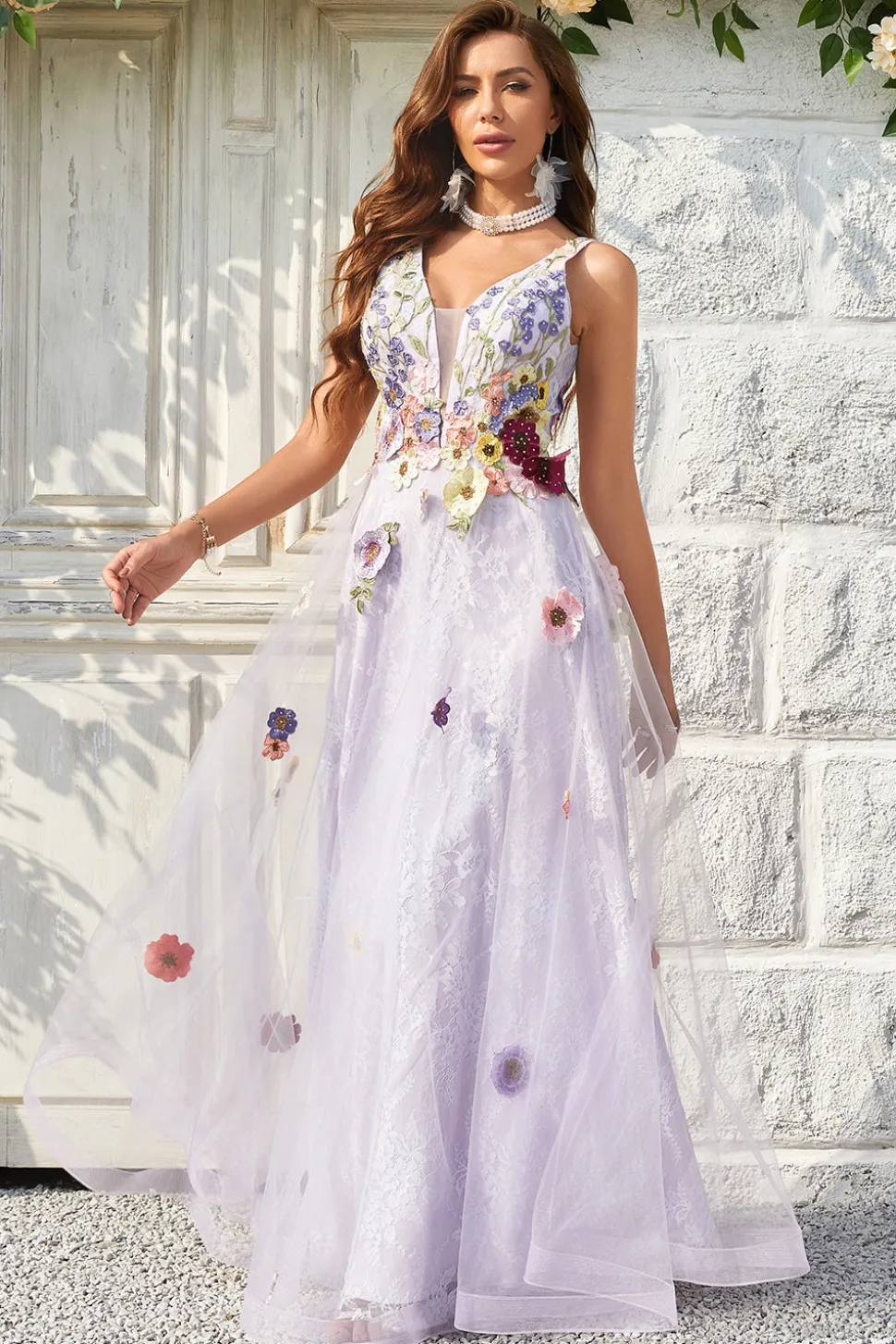 A Line V Pescoço Lavanda Vestido de Baile Com Costas Abertas
