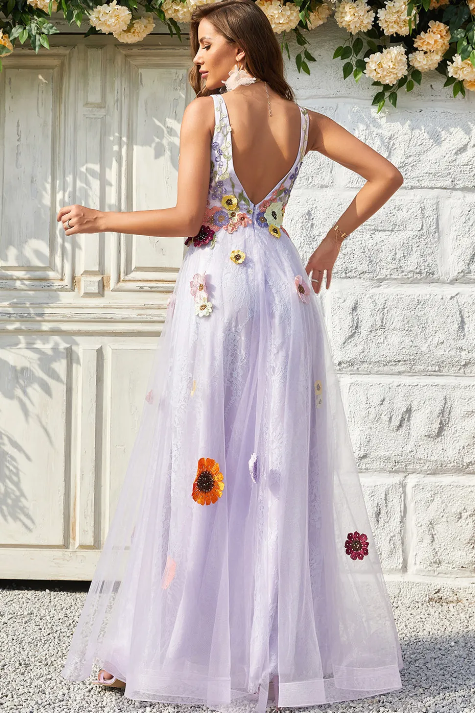A Line V Pescoço Lavanda Vestido de Baile Com Costas Abertas