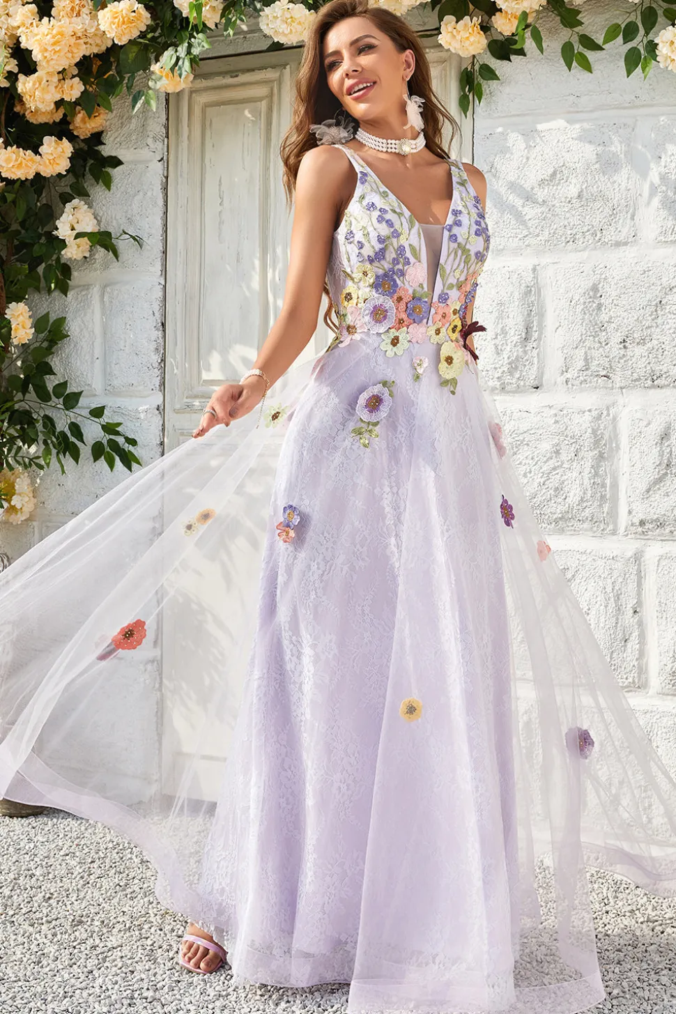 A Line V Pescoço Lavanda Vestido de Baile Com Costas Abertas