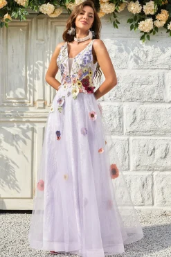 A Line V Pescoço Lavanda Vestido de Baile Com Costas Abertas