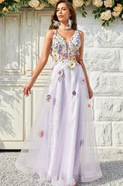 A Line V Pescoço Lavanda Vestido de Baile Com Costas Abertas