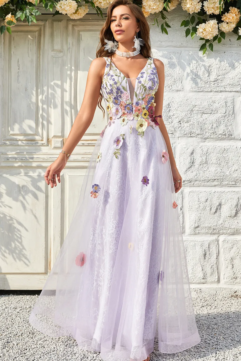 A Line V Pescoço Lavanda Vestido de Baile Com Costas Abertas