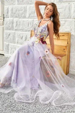 A Line V Pescoço Lavanda Vestido de Baile Com Costas Abertas