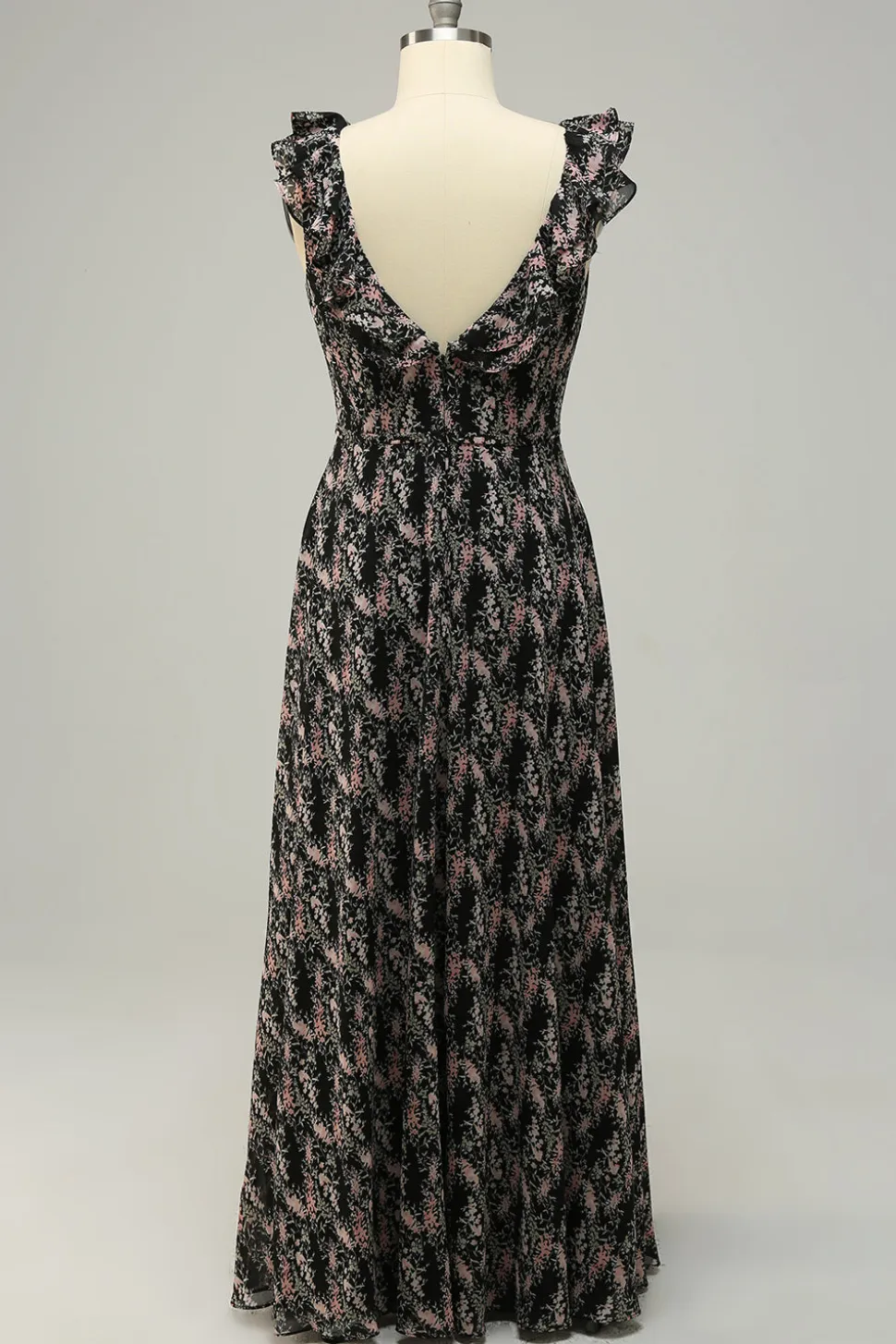 A Line V Pescoço Preto Vestido de Dama de Honor com Folhos