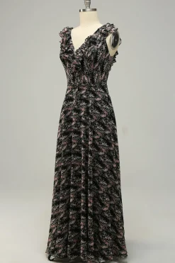 A Line V Pescoço Preto Vestido de Dama de Honor com Folhos