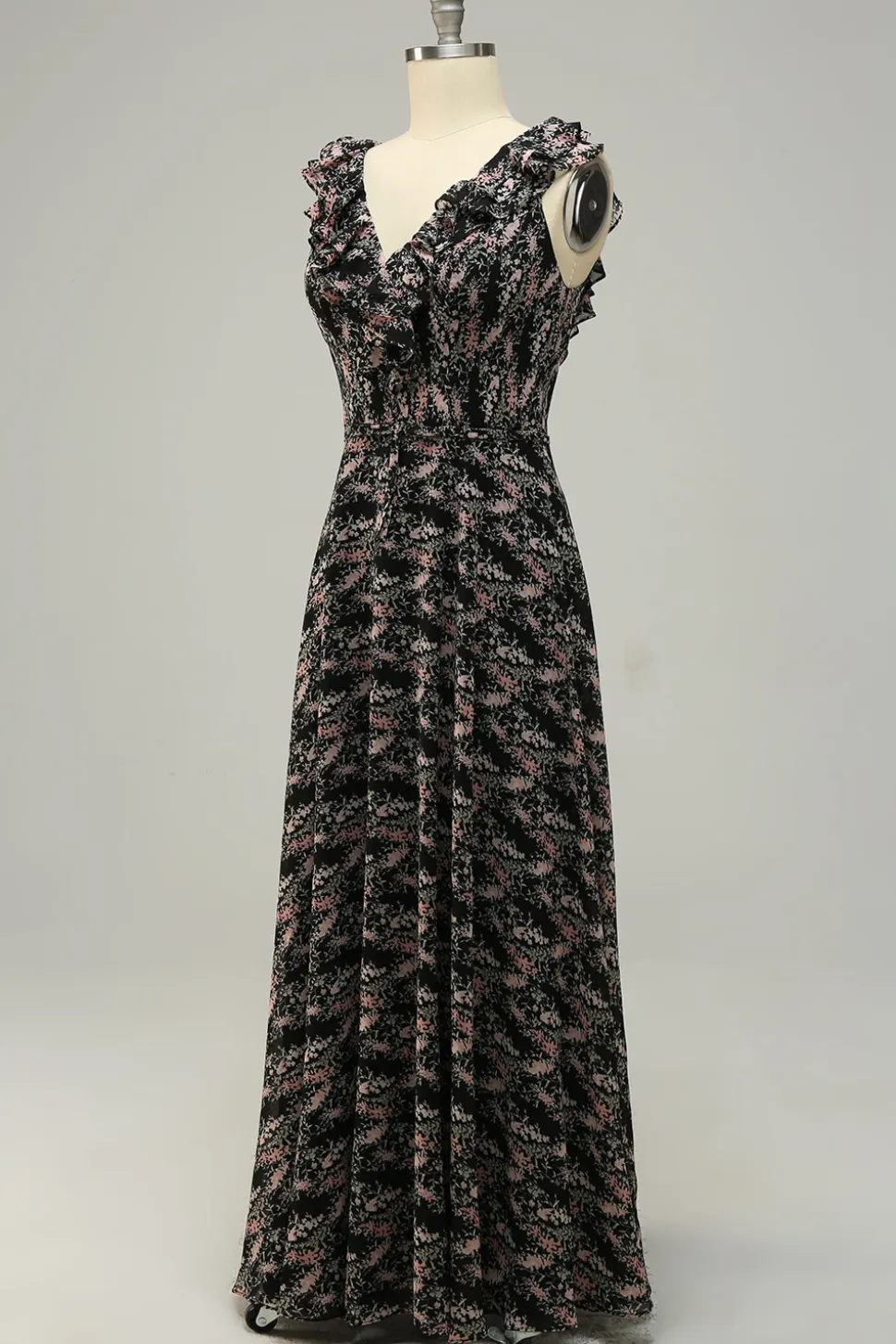 A Line V Pescoço Preto Vestido de Dama de Honor com Folhos