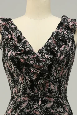 A Line V Pescoço Preto Vestido de Dama de Honor com Folhos