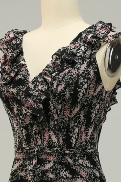 A Line V Pescoço Preto Vestido de Dama de Honor com Folhos