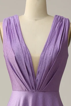 A Line V Pescoço Roxo Sem Mangas Vestido de Festa