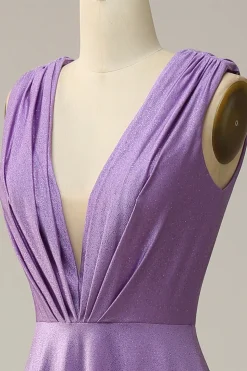 A Line V Pescoço Roxo Sem Mangas Vestido de Festa