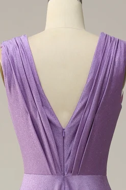 A Line V Pescoço Roxo Sem Mangas Vestido de Festa