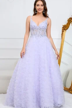 A Line V Pescoço Roxo Vestido de Baile com Flores 3D