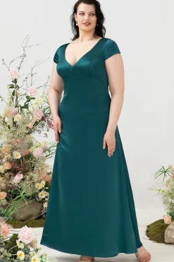 A Line V Pescoço Verde Escuro Vestido de Dama de Honor com Costas Abertas