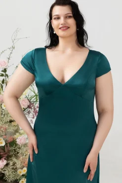 A Line V Pescoço Verde Escuro Vestido de Dama de Honor com Costas Abertas