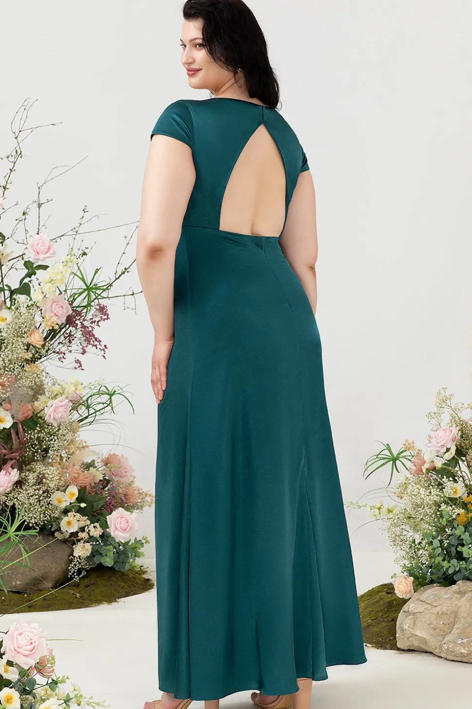 A Line V Pescoço Verde Escuro Vestido de Dama de Honor com Costas Abertas