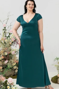 A Line V Pescoço Verde Escuro Vestido de Dama de Honor com Costas Abertas