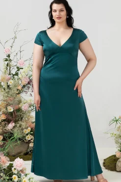 A Line V Pescoço Verde Escuro Vestido de Dama de Honor com Costas Abertas