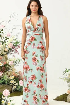 A Line V Pescoço Verde Estampado Vestido de Dama de Honra