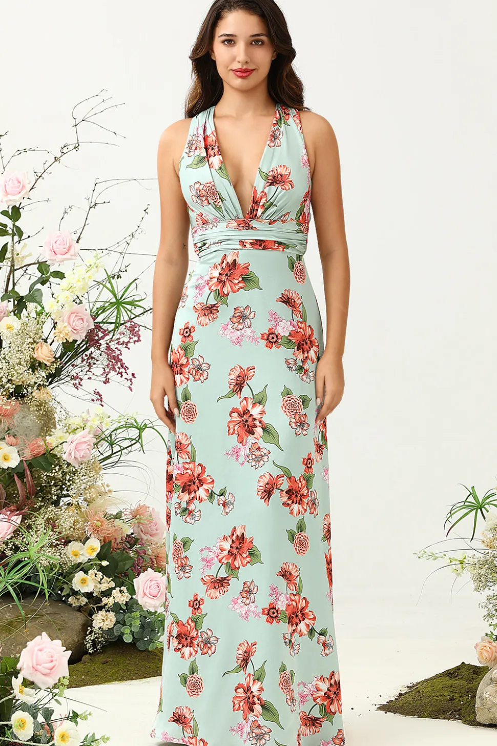 A Line V Pescoço Verde Estampado Vestido de Dama de Honra