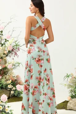 A Line V Pescoço Verde Estampado Vestido de Dama de Honra