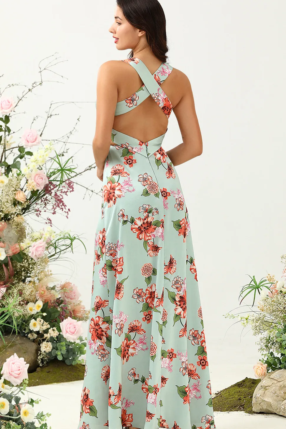A Line V Pescoço Verde Estampado Vestido de Dama de Honra